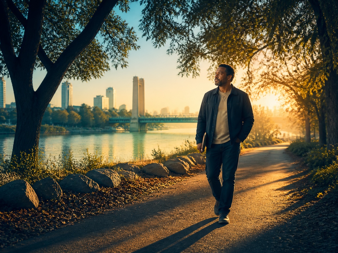 A man walking beside the river in Sacramento, representing reflection, recovery, and adjustment after incarceration.