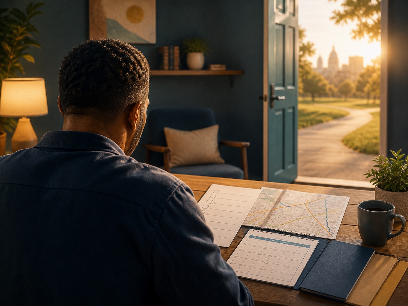 A man reviewing a reentry plan near an open doorway, representing the adjustment process after incarceration.