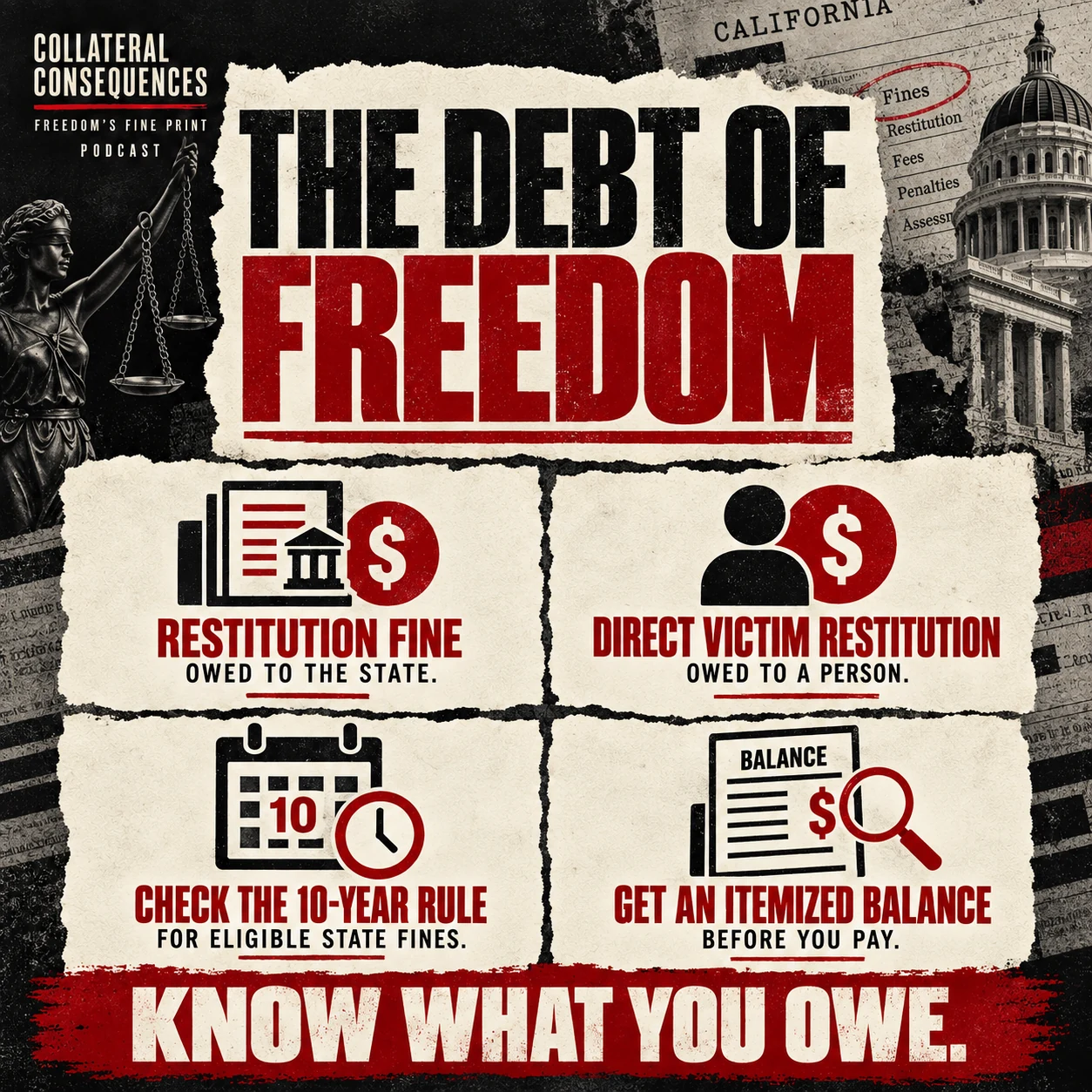 Debt of Freedom infographic explaining the difference between restitution fines and direct victim restitution, the 10-year rule for eligible state fines, and the importance of getting an itemized balance.