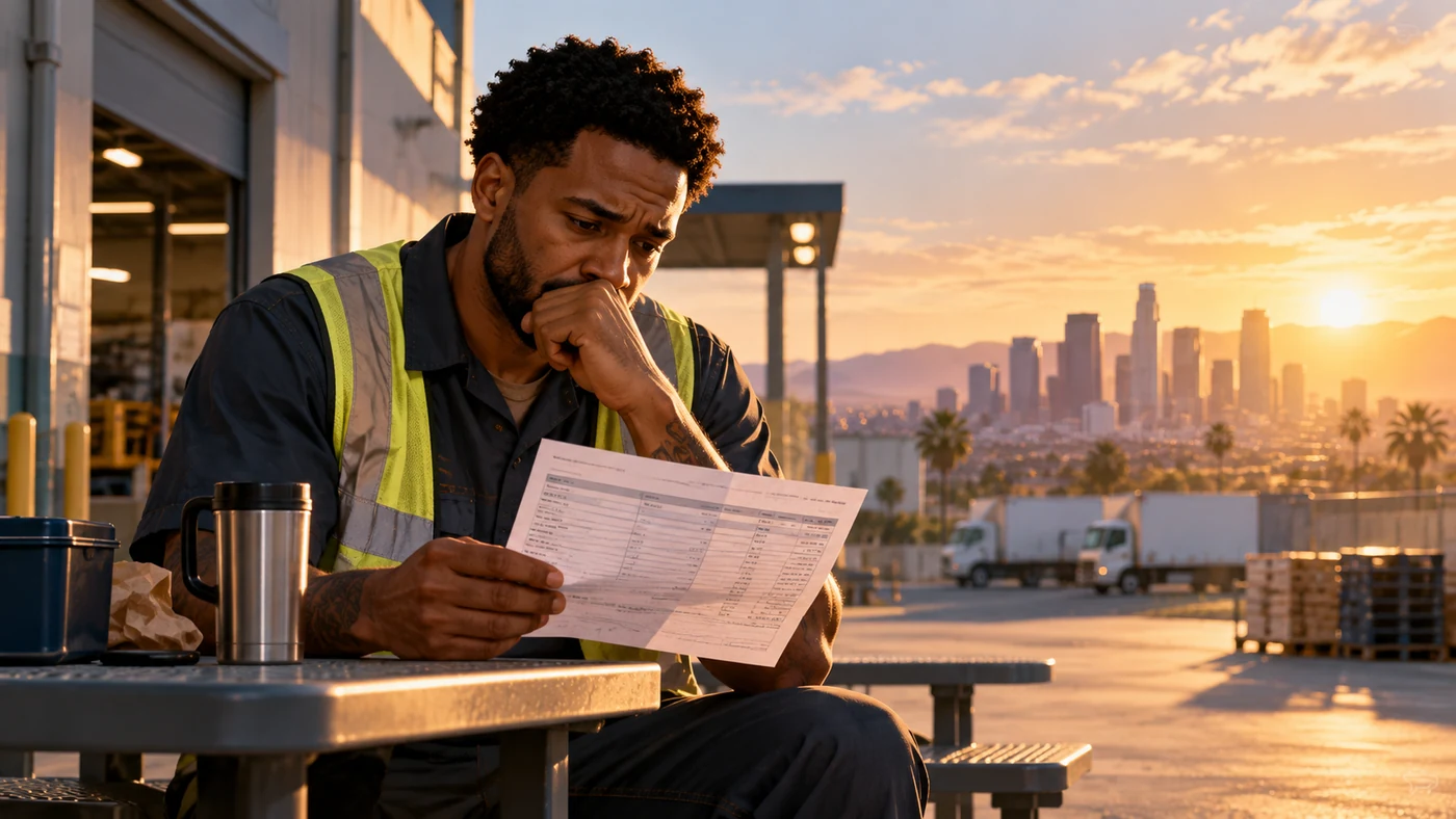 A worker reviewing a financial statement after work at sunset.