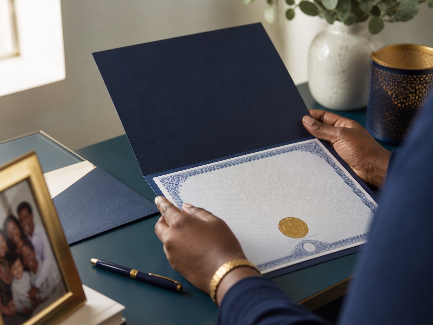 A person reviewing a certified identity document, representing the paperwork needed to rebuild identification after incarceration.