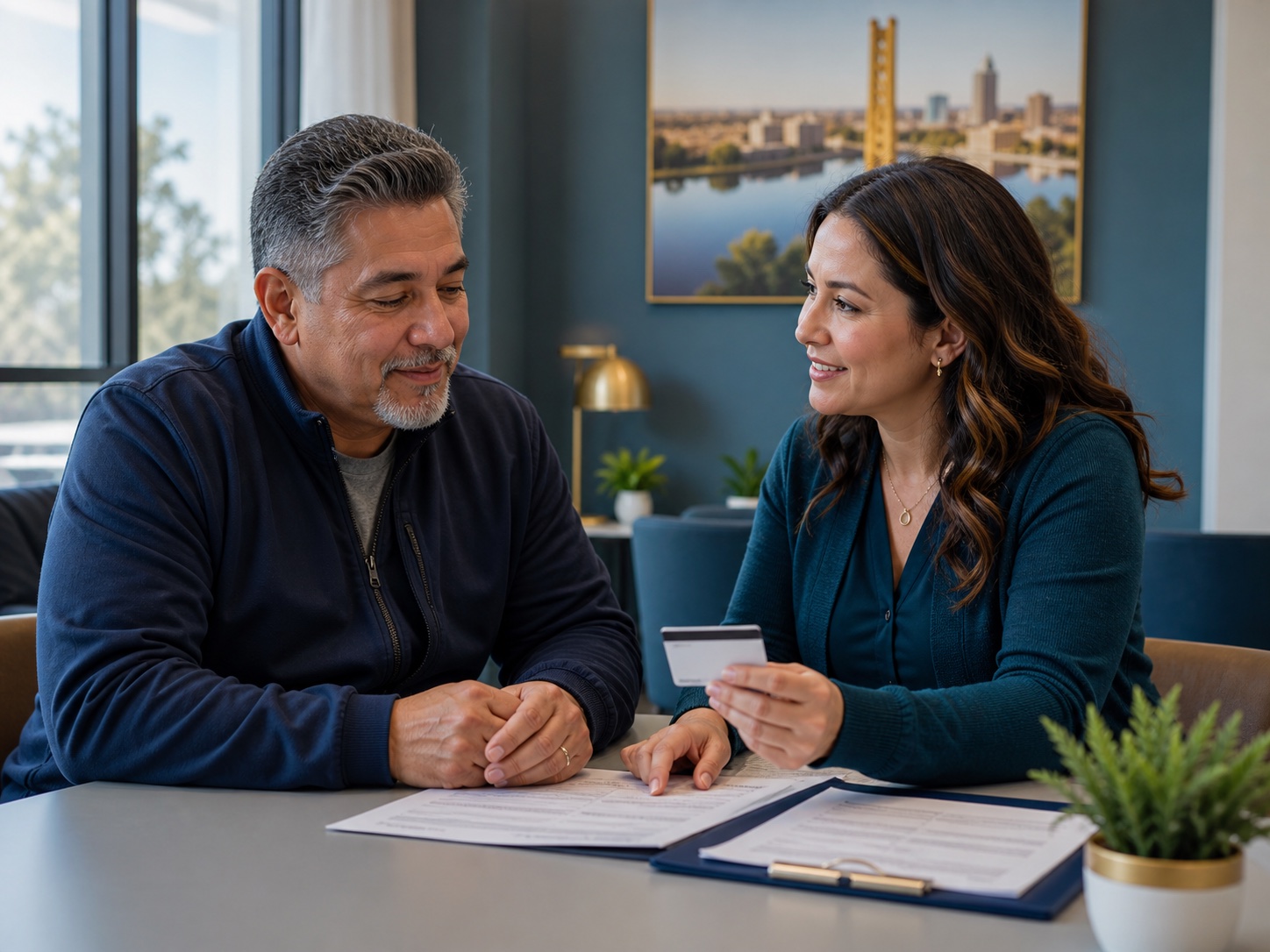 A man meeting with a care navigator about Medi-Cal paperwork in Sacramento, representing health coverage and reentry planning.