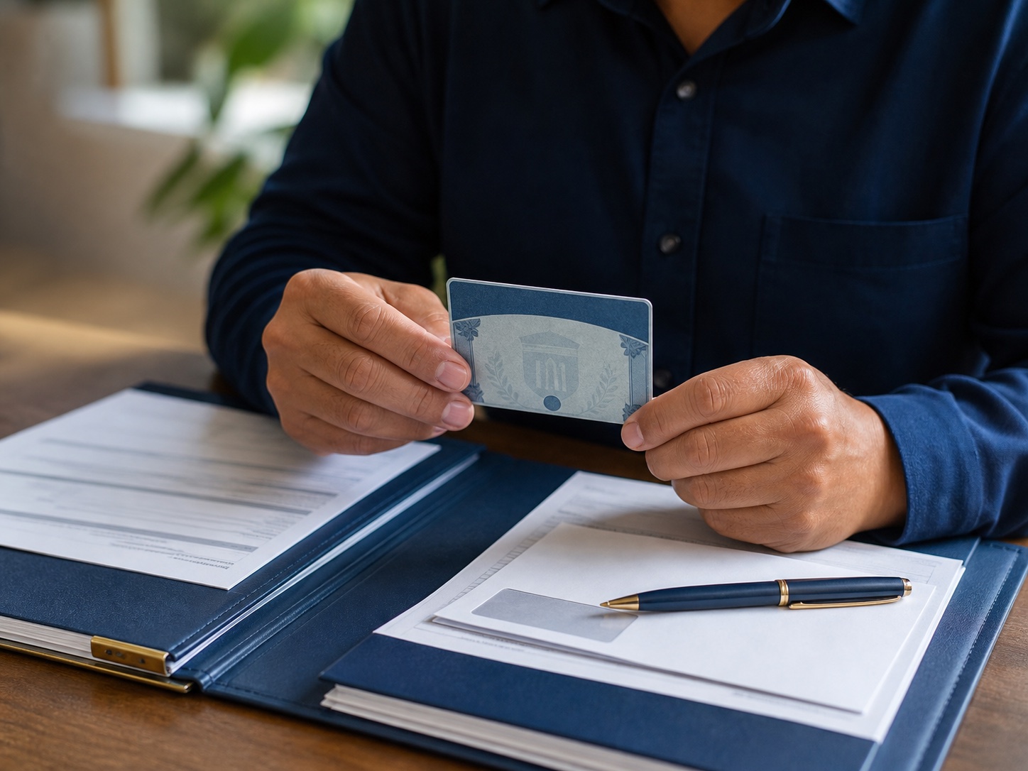 A person holding a Social Security card with documents on a table, representing identity verification and document preparation.
